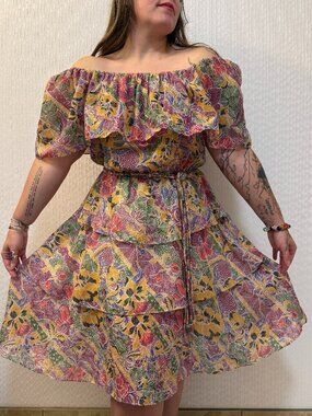 Vintage Prairie 70s Themes Multicolor Floral Off Shoulder Tiered Dress M/L